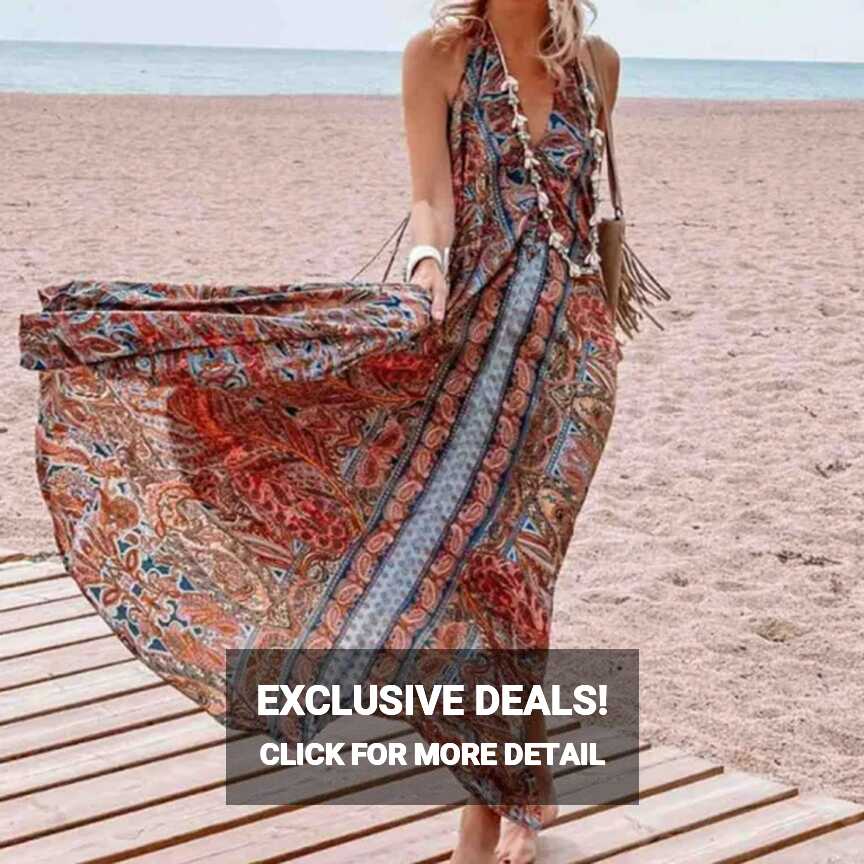 Çiçek Baskılı A-Line Beach Maxi Dresses Kadın Vintage Blackless ...