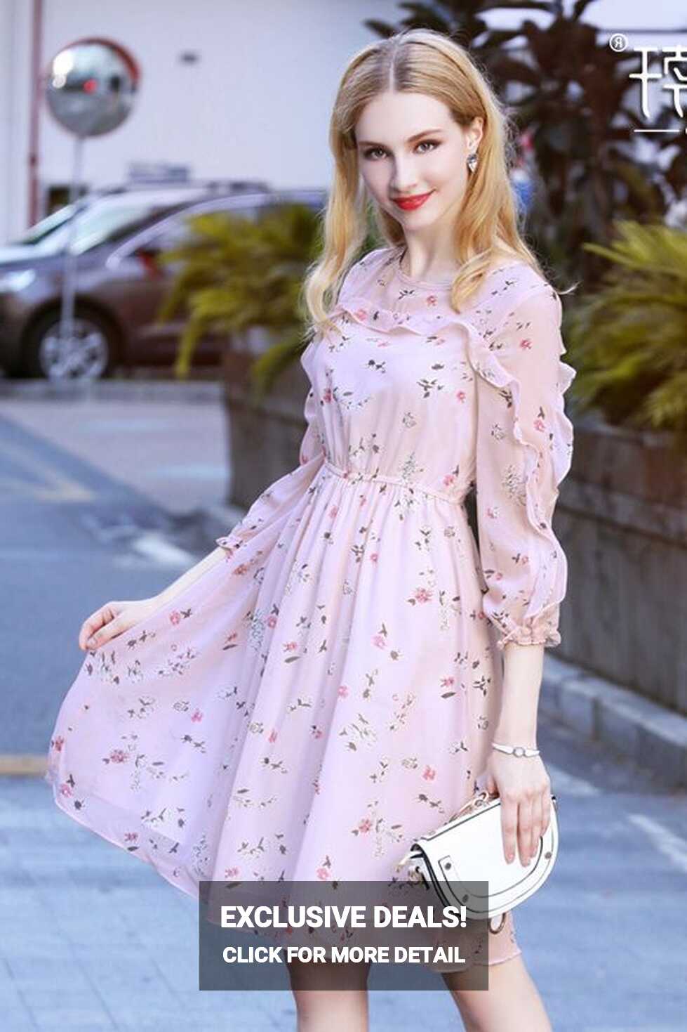 $83.99 Pink Floral Print Round Neck Ruffled Sleeves Dress