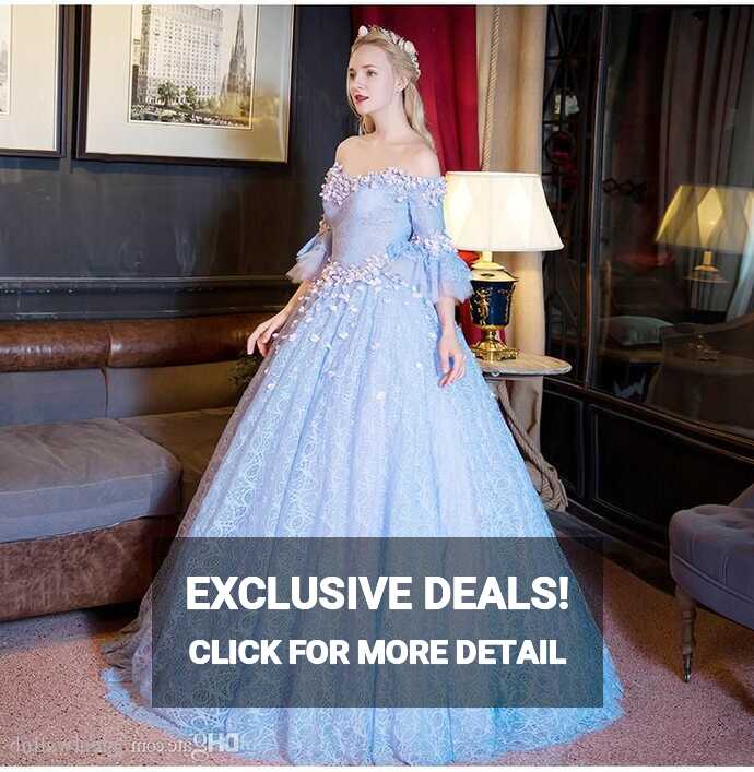 100%real Light Blue Lace Flower Slash Collar Court Ball Gown ...