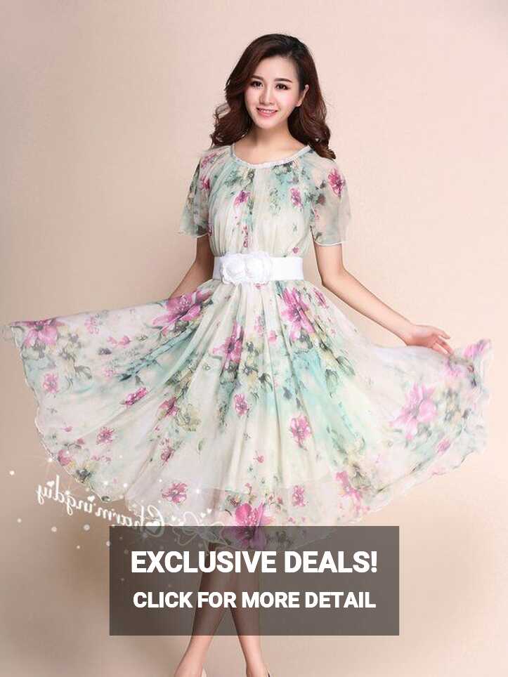 110 Colors Chiffon Green Pink Flower Short Sleeve Knee Skirt Party ...