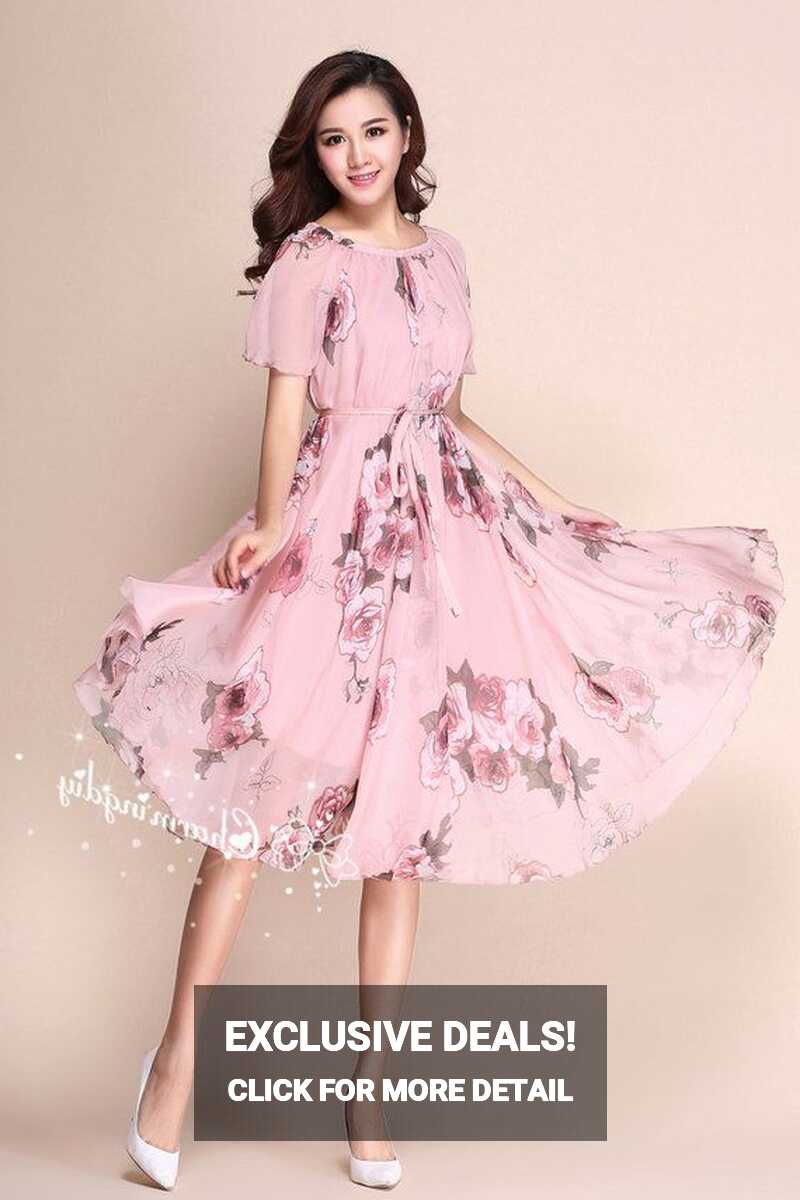 110 Colors Chiffon Pink Rose Flower Short Sleeve Knee Skirt Party ...