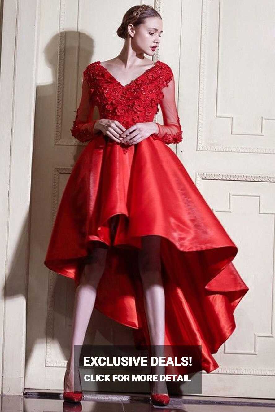 178.99] Red A Line High Low Wedding Dresses With Sleeves V-neck ...