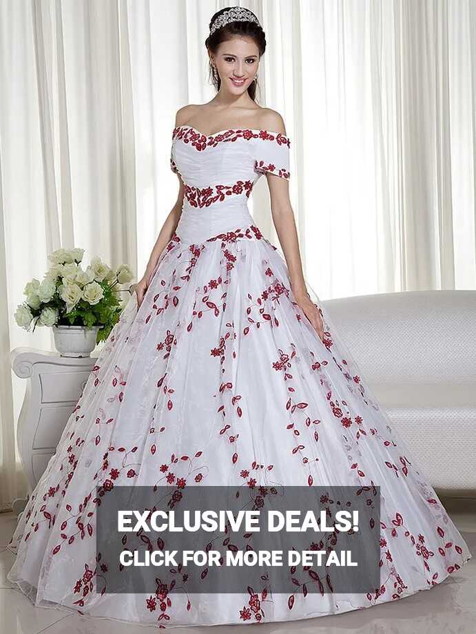 2020 Red And White Off Shoulder Corset Ballgown Wedding Dress With ...