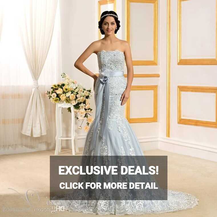 2020 Romantic Light Blue Mermaid Wedding Dresses Lace Strapless ...