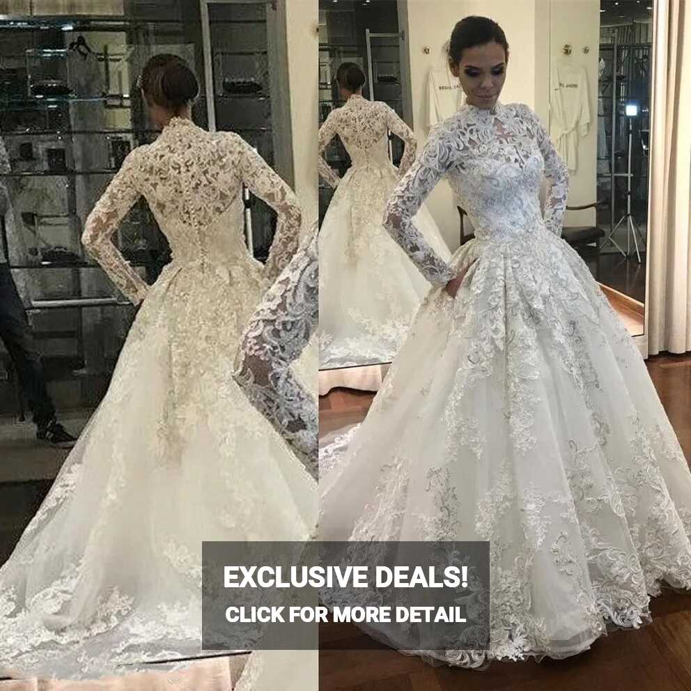 2020 Vintage High Neck Lace Applique High Neck Wedding Dress With ...