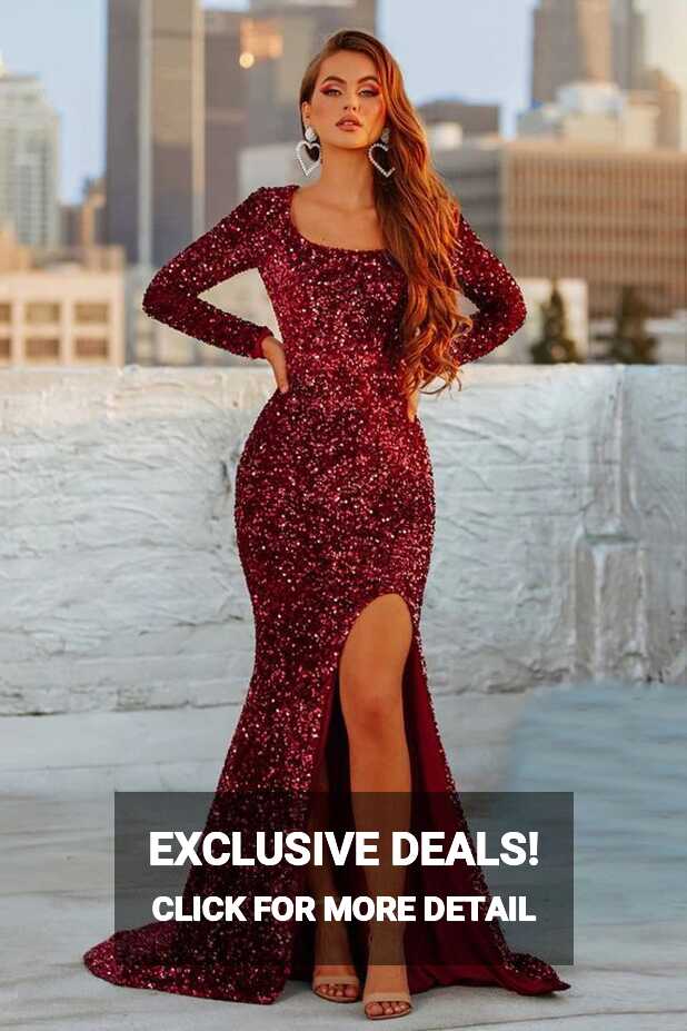 2021 Burgundy Shiny Sequined Velvet Long Party Dress Full Sleeved ...