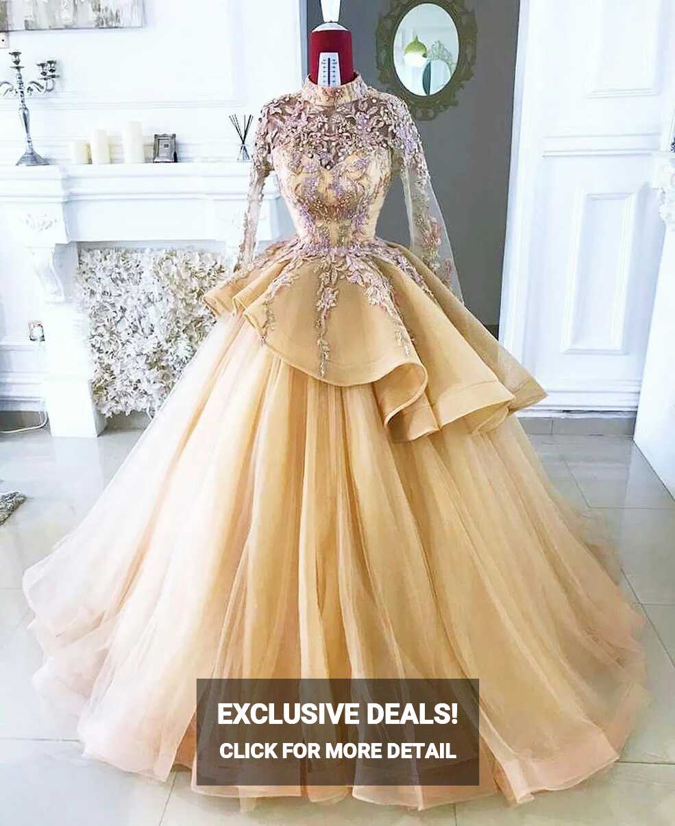 2021 Gold Beads Ball Gown Prom Dresses High Neck Lace Appliqued ...