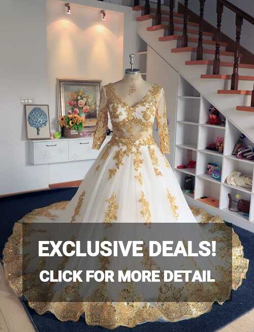 2021 Real sample Long sleeve gold lace wedding dresses V-neck ...