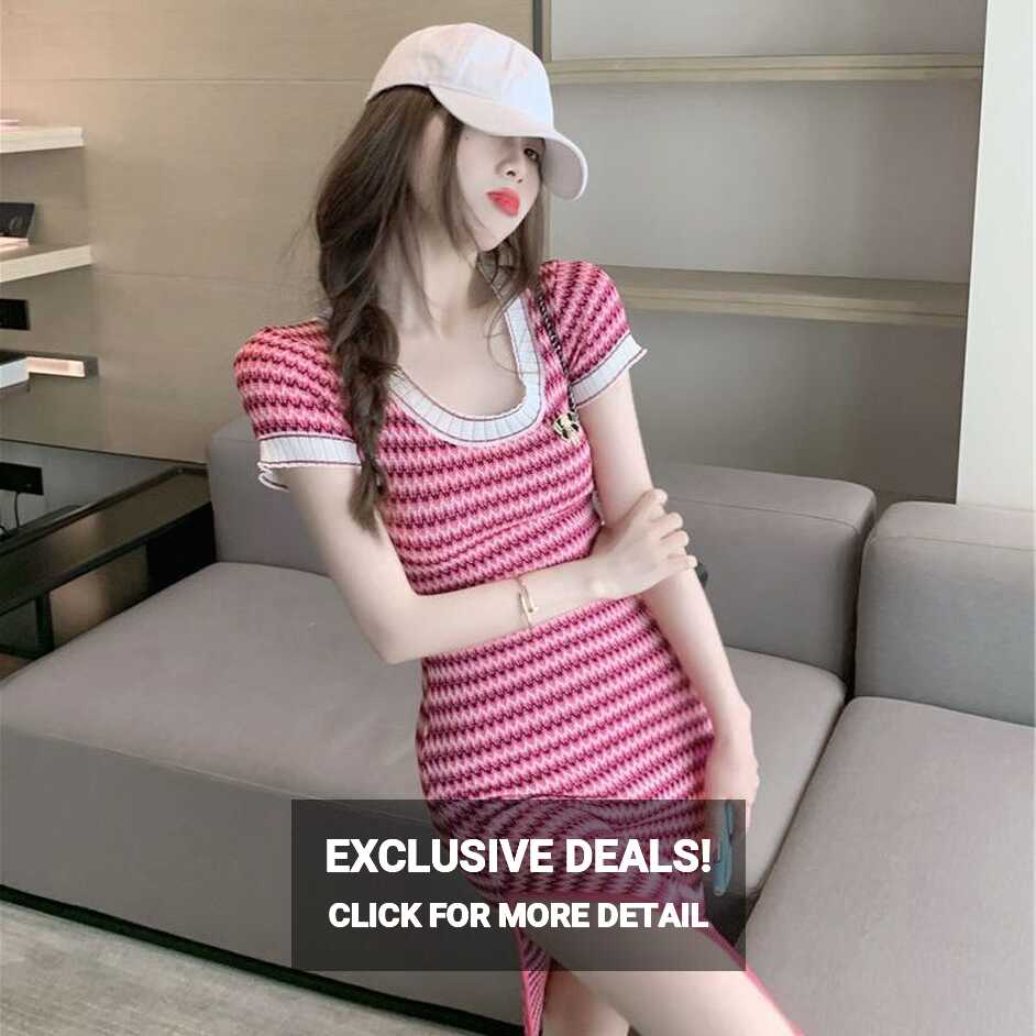 2021 Summer New Casual Knitted Bodycon Dress Fashion Korean Pink ...