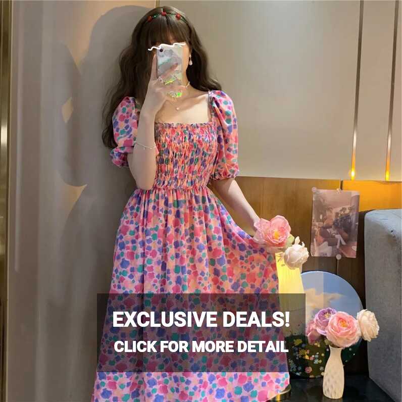 2022 New Fashion Korean Style Chiffon Floral Print Casual Midi ...