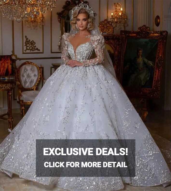 2022 Princess Sparkly Ballgown Wedding Dress With Sheer Neckline ...