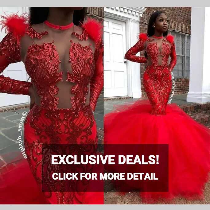 2022 Red Feather Sequined Mermaid Red Tight Prom Dresses With Long ...