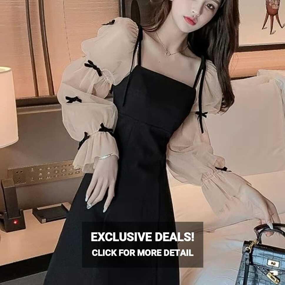 2022 Spring Summer New Korean Black Dress Sweet Cute Mesh Long ...