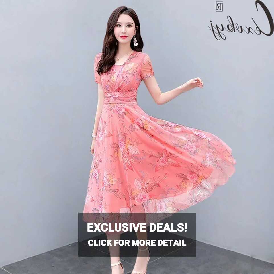 2022 Summer Beach Floral Dress Women Elegant O-Neck Chiffon Plus ...