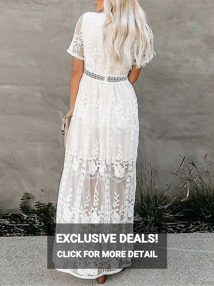 2022 Summer Boho Women Maxi Dress Loose Embroidery White Lace Long ...