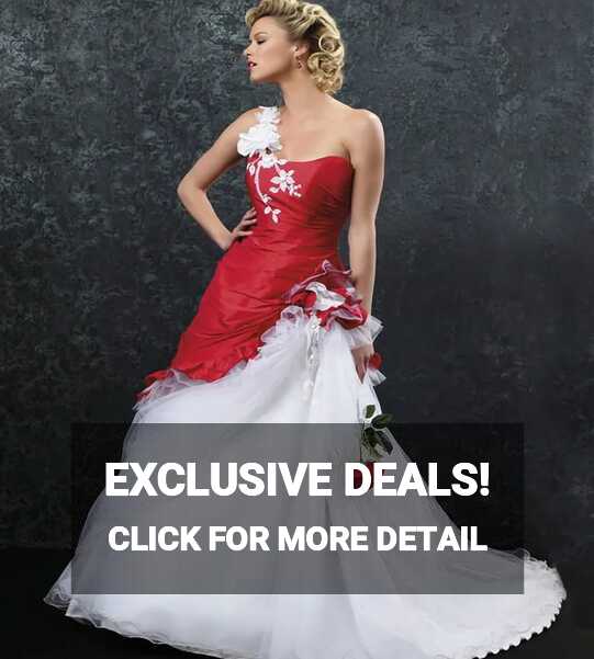 2022 Vintage Red And White A Line Wedding Dress With One Shoulder ...