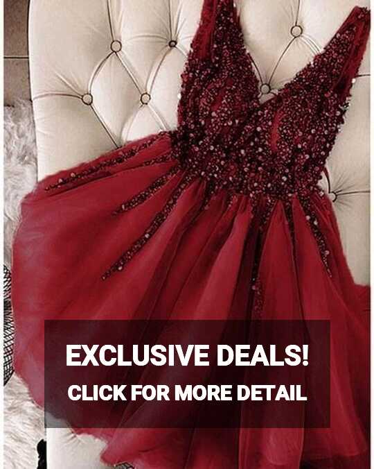 2023 Burgundy Prom Dresses Short V Neck Beaded Crystals Sleeveless ...