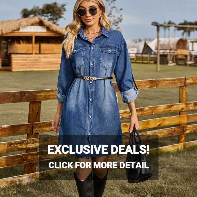 2023 Fall New Women&#39;s Denim Shirts Dress Long Sleeve Knee-Length ...