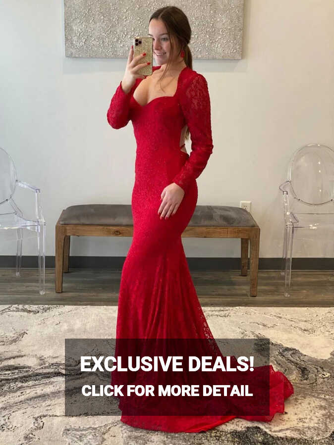 2023 Long Sleeve Mermaid Red Keyhole Back Lace Prom Dress ...