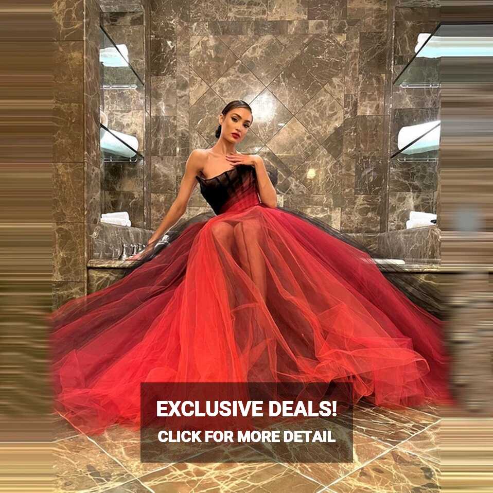 2023 New Designer Black And Red Rulle Evening Dresses Strapless ...