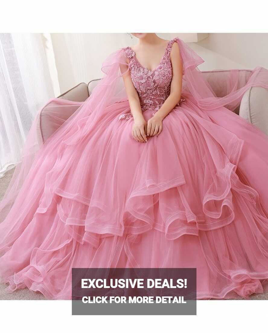 2023 Pink Princess Prom Dresses Sweetheart With Pink Lace Flower ...