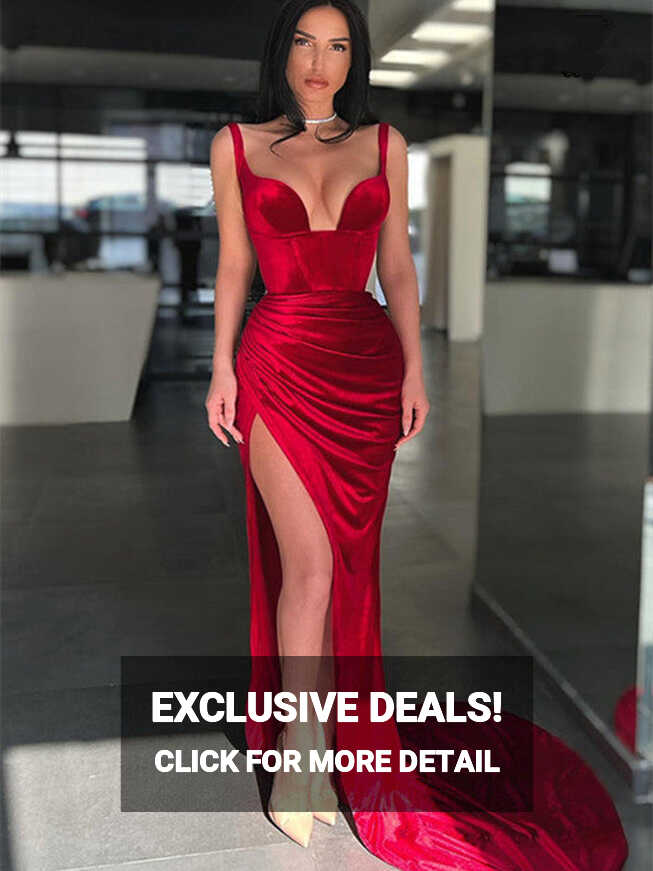 2023 Red Color Velvet Long Prom Dresses, Newest Mermaid Evening ...