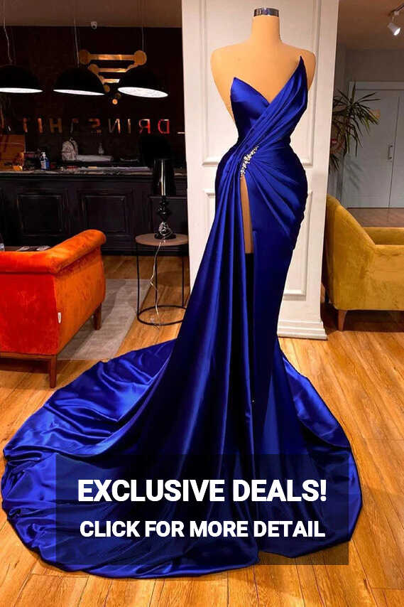 2023 Royal Blue Satin Beading Ruched Prom Dress With Slit ...