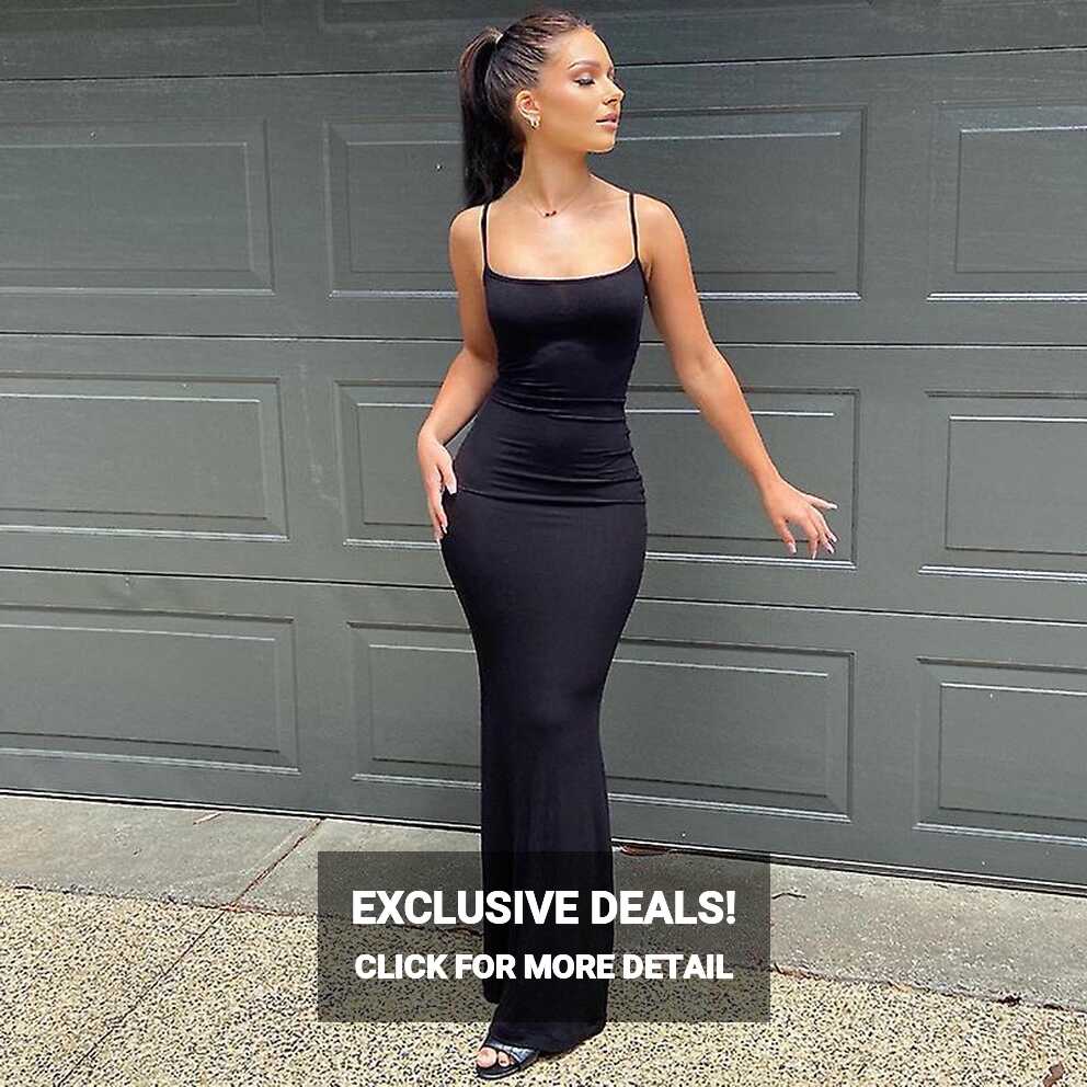 2023 Summer Women Sexy Spaghetti Strap Black Long Dress Sleeveless ...