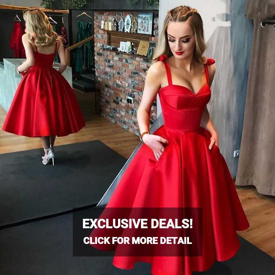 2023 Tea Length Red Satin Red Satin Prom Dress With Pocket ...