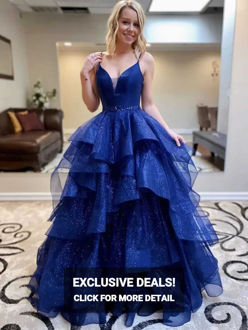 2023 V Neck Royal Blue Backless Ruffles Long Prom Dress With Belt ...