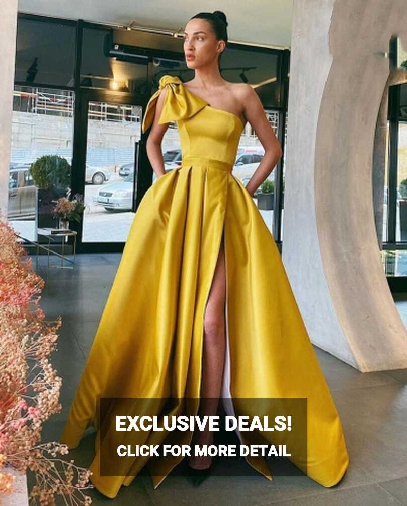 2023 Yellow Elegant One Shoulder Satin Evening Dresses Women ...