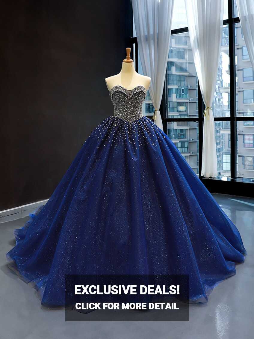 2024 Crystals Sequined Navy Blue Quinceanera Dresses Ball Gown ...