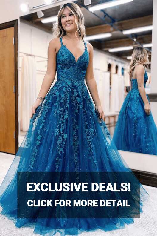 2024 Long Blue Lace Prom Dresses V Neck Formal Evening Dresses ...