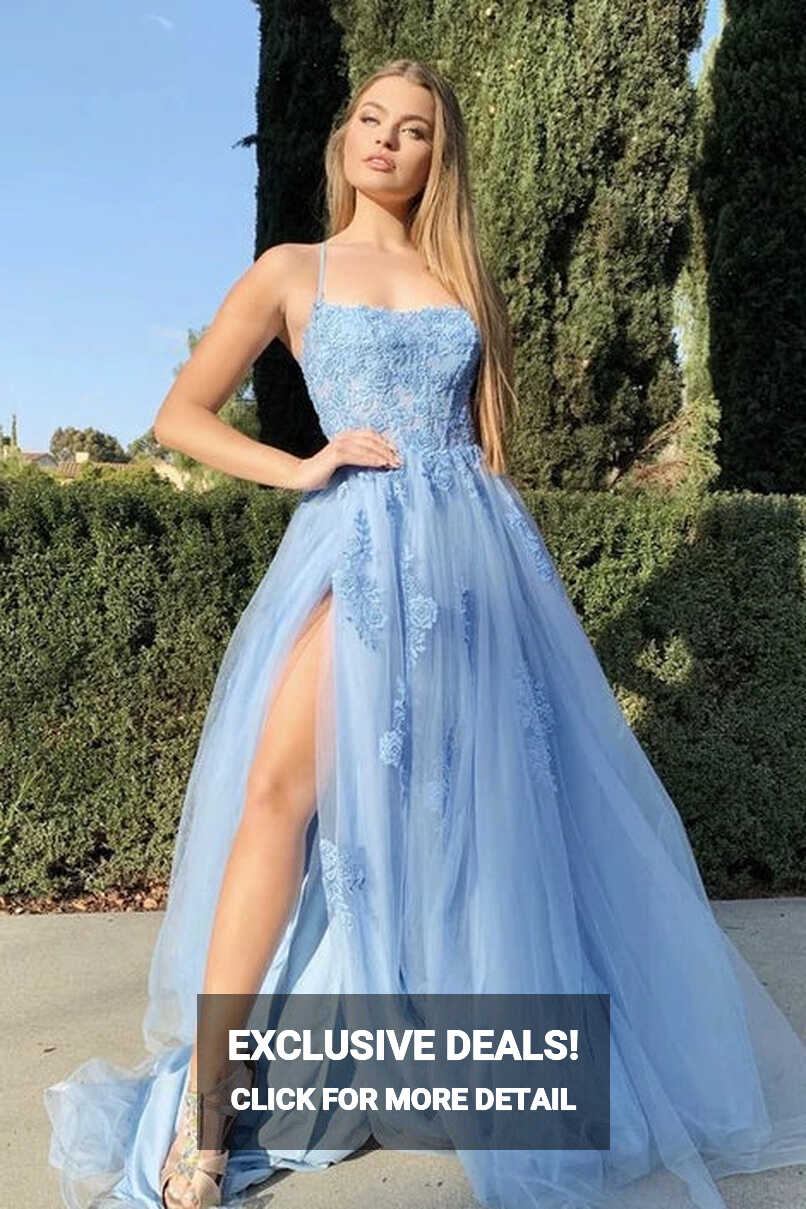 2024 Long Light Blue Prom Dress Backless Floral Lace Formal ...