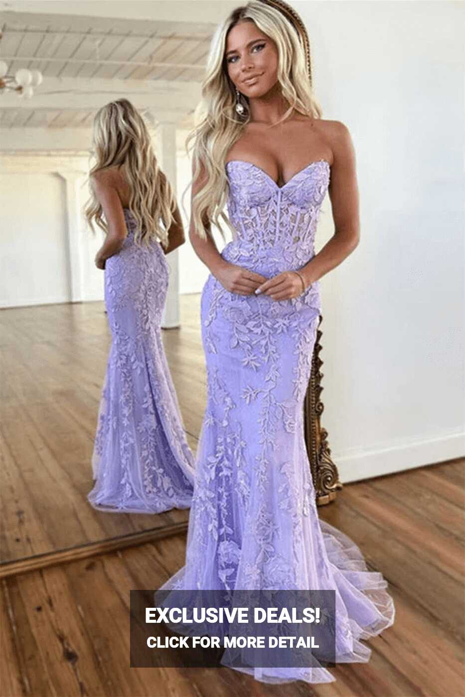 2024 Long Mermaid Purple Lace Prom Dresses Violet Strapless Formal ...