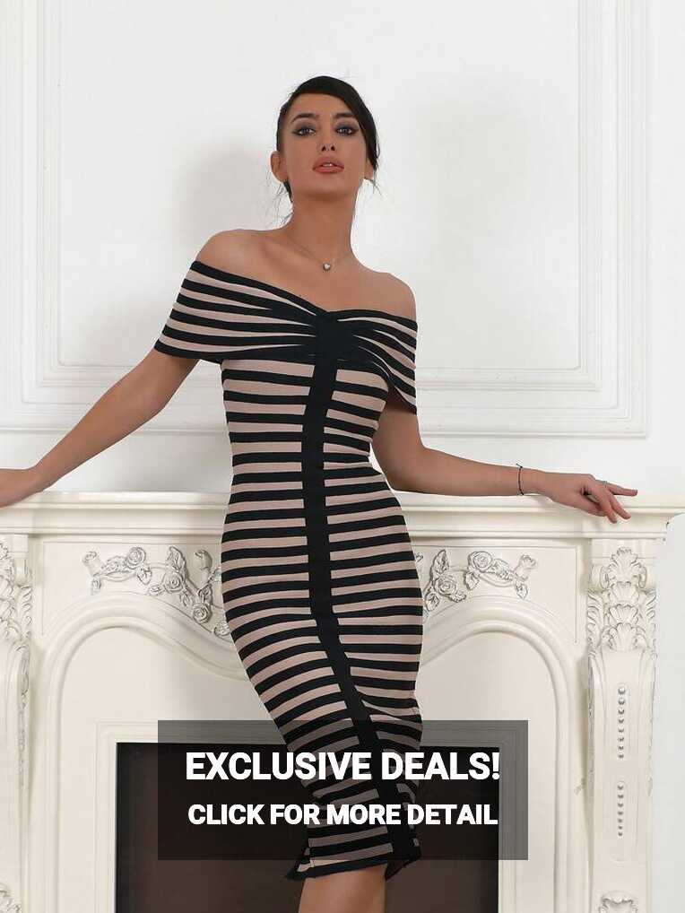 2024 New Arrival Striped Off Shoulder Bandeau Bodycon Dress ...