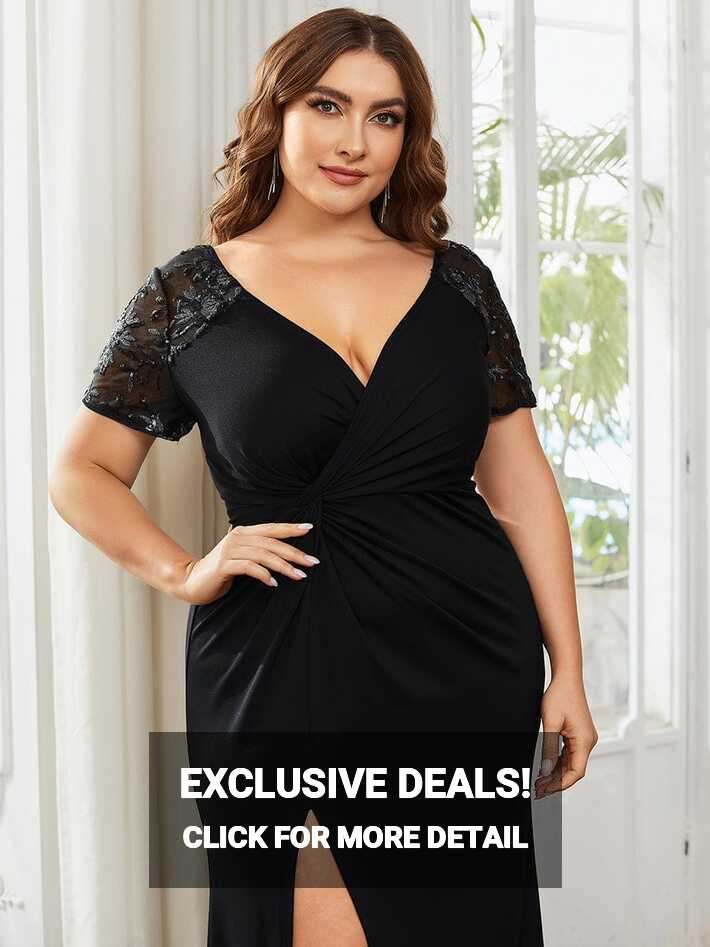 2024 Plus Size Short Sequin Sleeve Deep V-neck Mother of the Bride ...