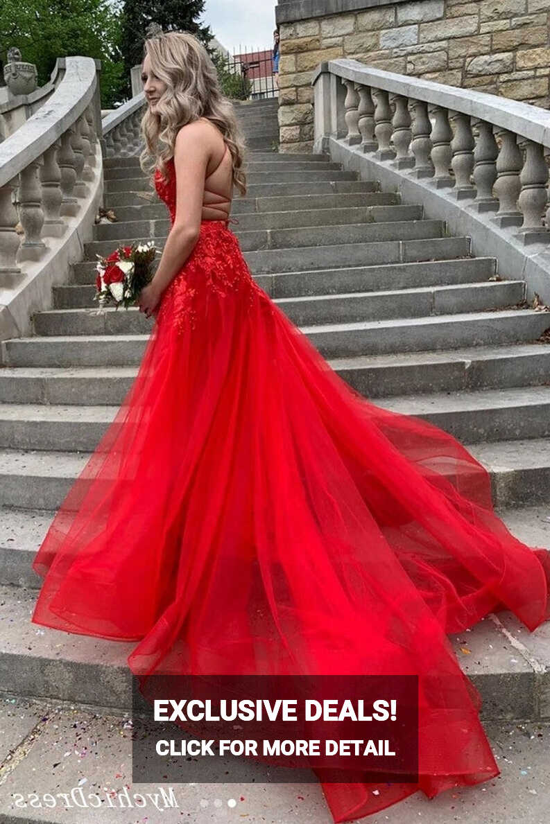 2024 Red Lace Prom Dresses Cheap V Neck A Line Tulle Evening Gowns ...