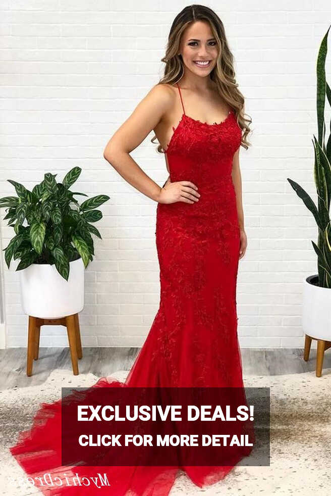 2024 Red Lace Prom Dresses Long Spaghetti Straps Cross Back ...