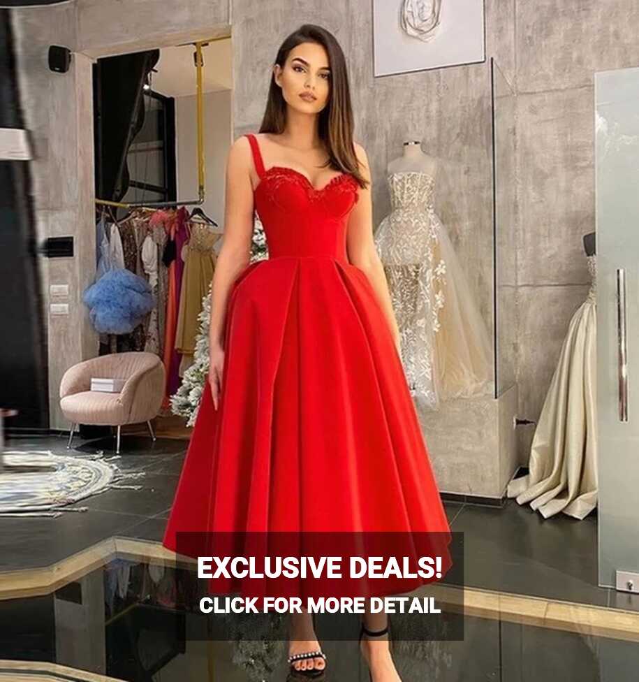 2024 Red Soft Satin Evening Dresses Spaghetti Straps Sweetheart ...