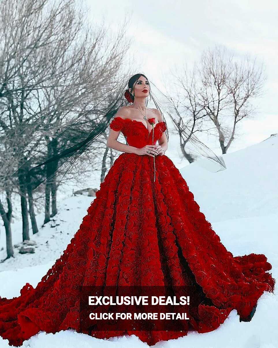 2024 Red Wedding Dress With 3D Rose Flowers, Cathedral Train, Off ...