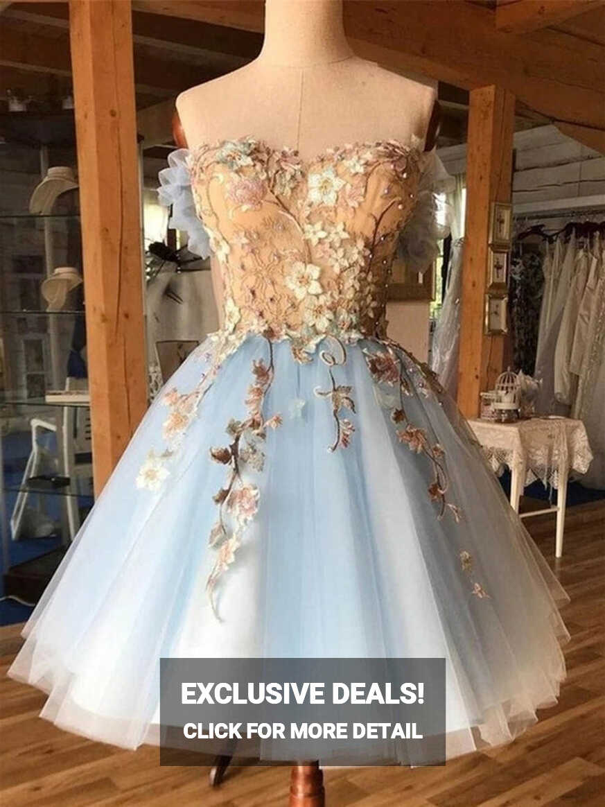 3D Floral Lace Blue Short Prom Dresses, Blue Lace Formal ...