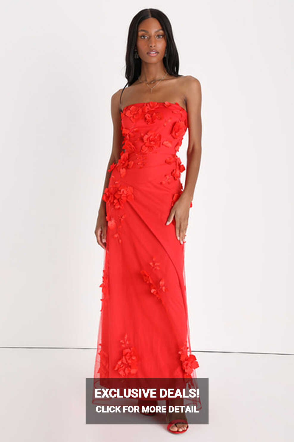 3D Floral Maxi Dress - Red Floral Prom Dress - Strapless Dress - Lulus