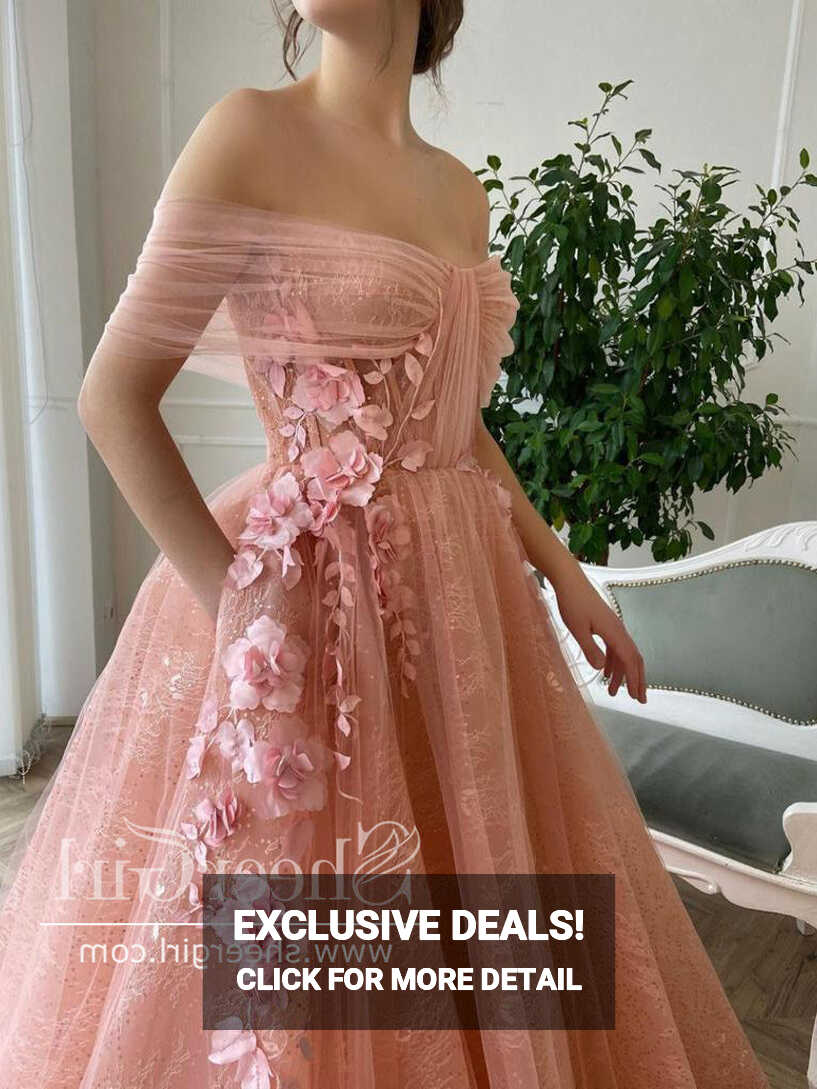 3D Flowers Off The Shoulder Prom Dresses Lace Long Formal Dress ...