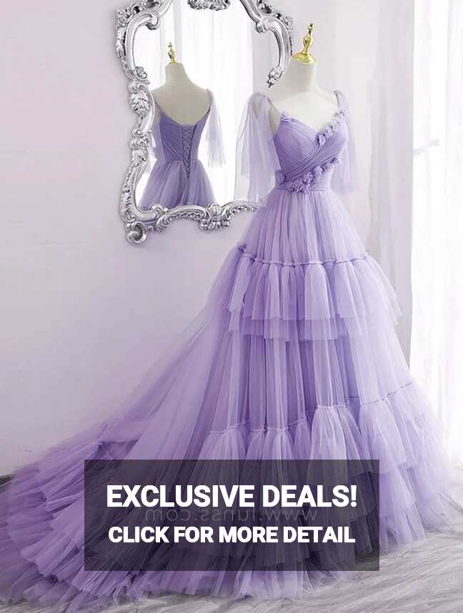 3d Flowers Lavender Tulle Tiered Princess Formal Dress - Lunss