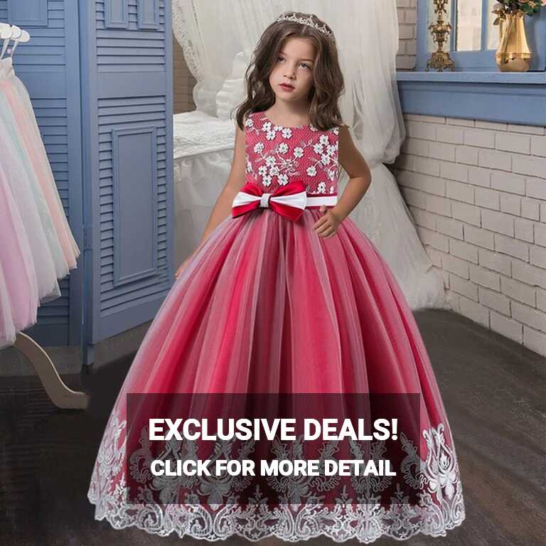 4-12 years old flower embroidered princess dress girls bow net ...