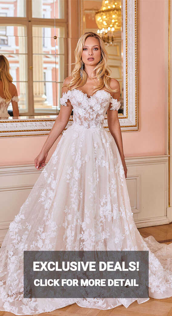 50+ Wedding Dress Trends 2023 : Floral Applique Off The Shoulder Gown