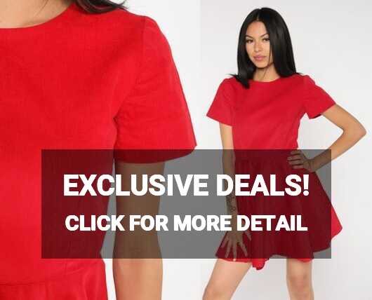 80s Mini Dress Red Corduroy Dress Fit and Flare Short Sleeve High ...