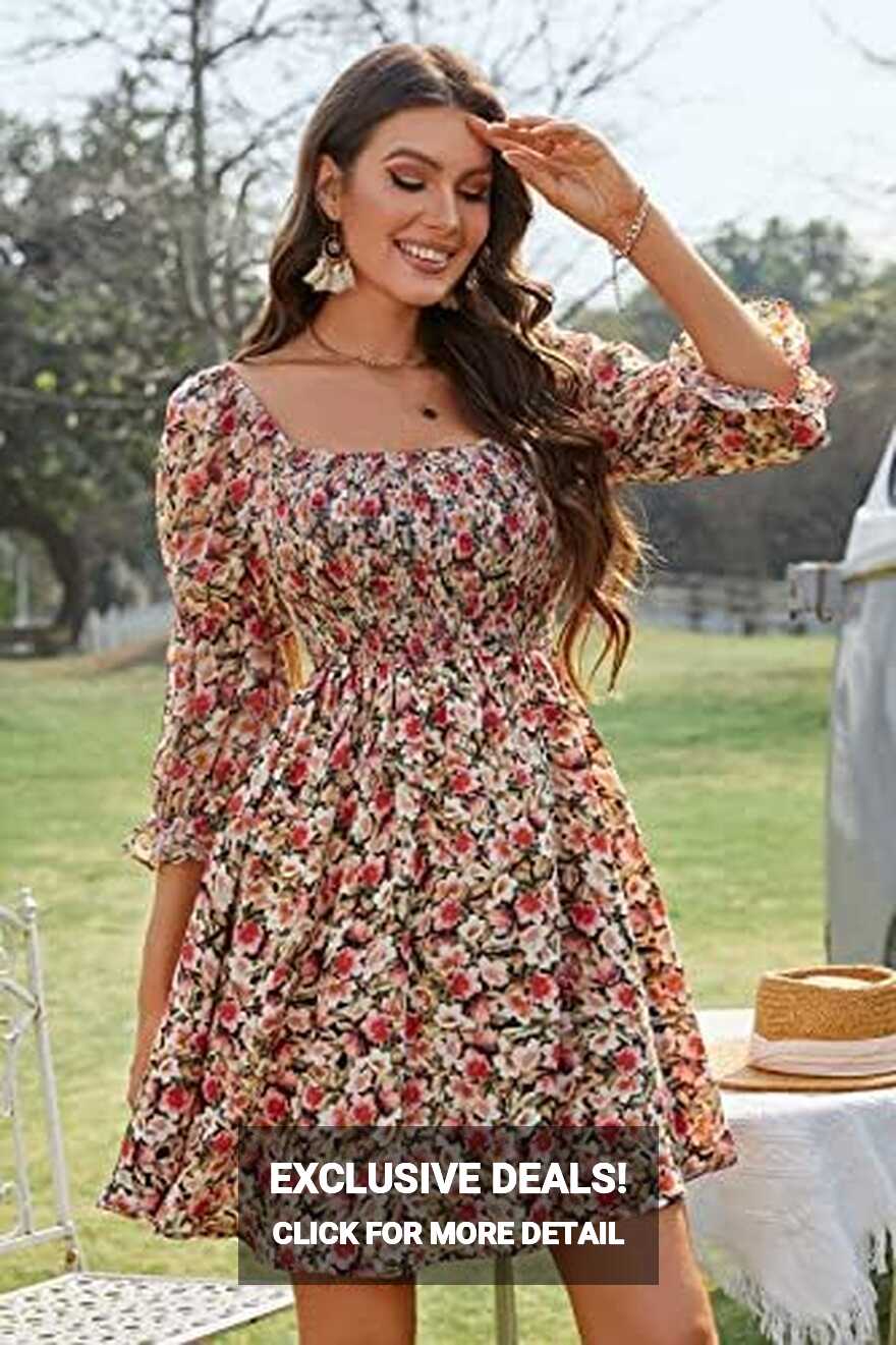 A Grain of Wheat Womens Summer Boho Floral Dress Square Neck Long ...