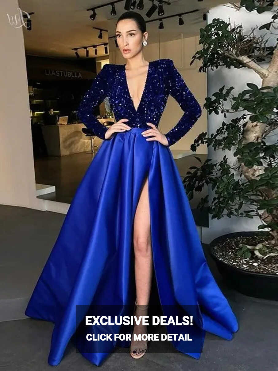 A Line 2024 Sequin Royal Blue Prom Dresses Long Sleeve Winter ...